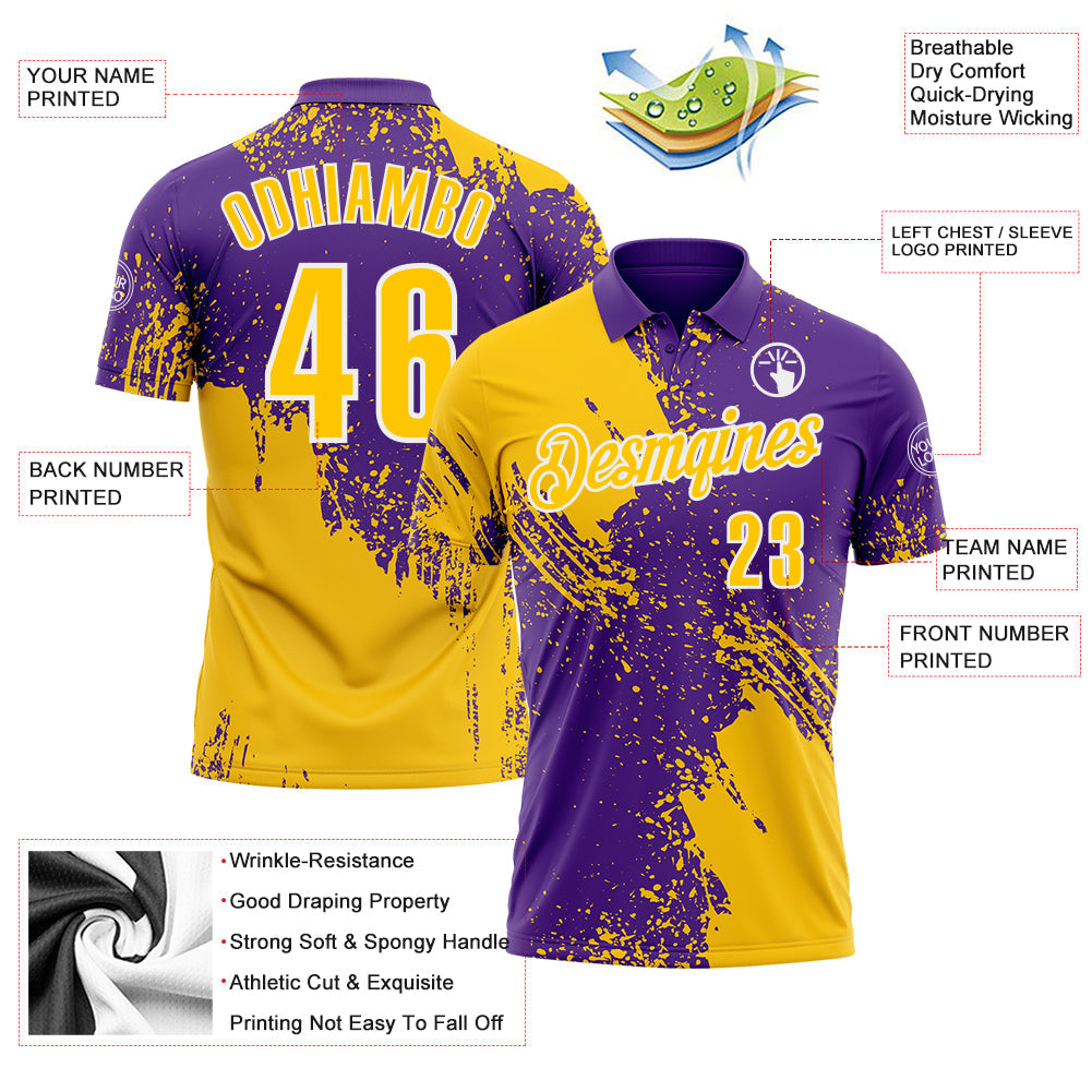 Custom Yellow Purple-White 3D Pattern Design Abstract Brush Stroke Performance Polo Shirt view 3