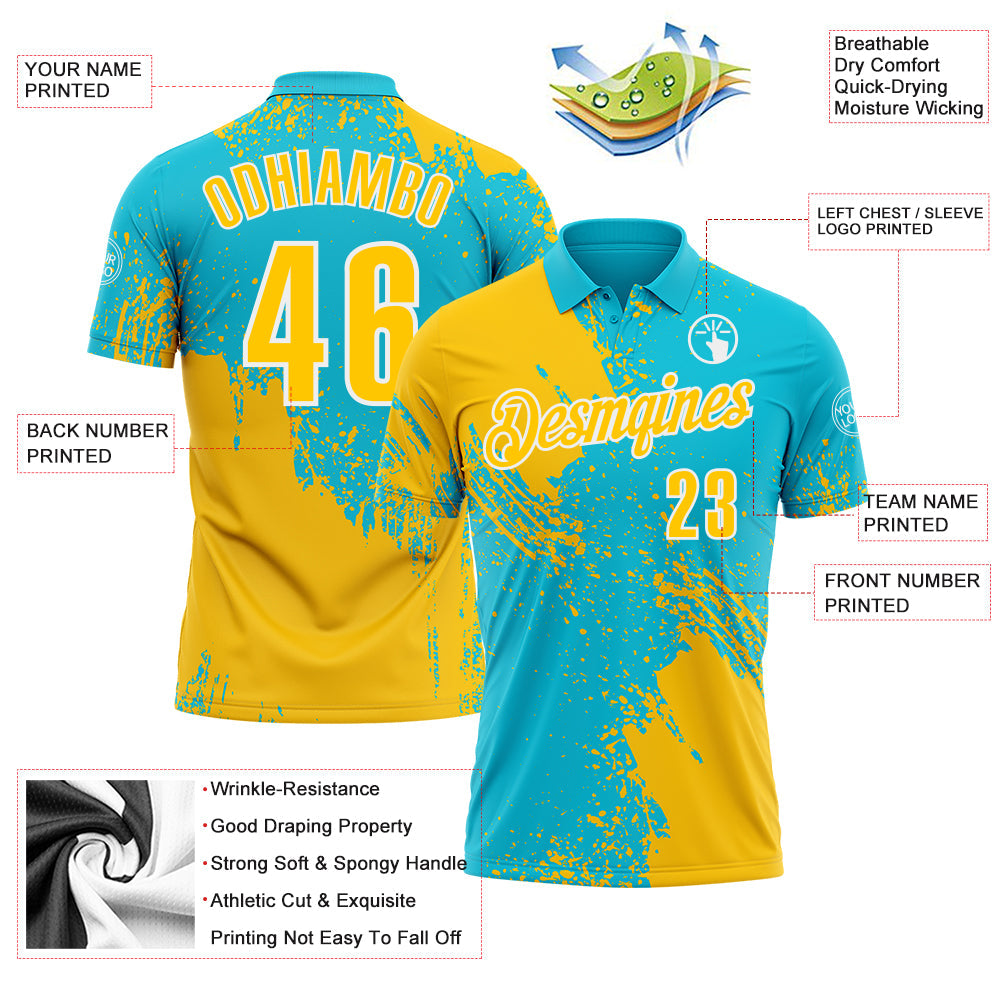 Custom Yellow Lakes Blue-White 3D Pattern Design Abstract Brush Stroke Performance Polo Shirt view 3