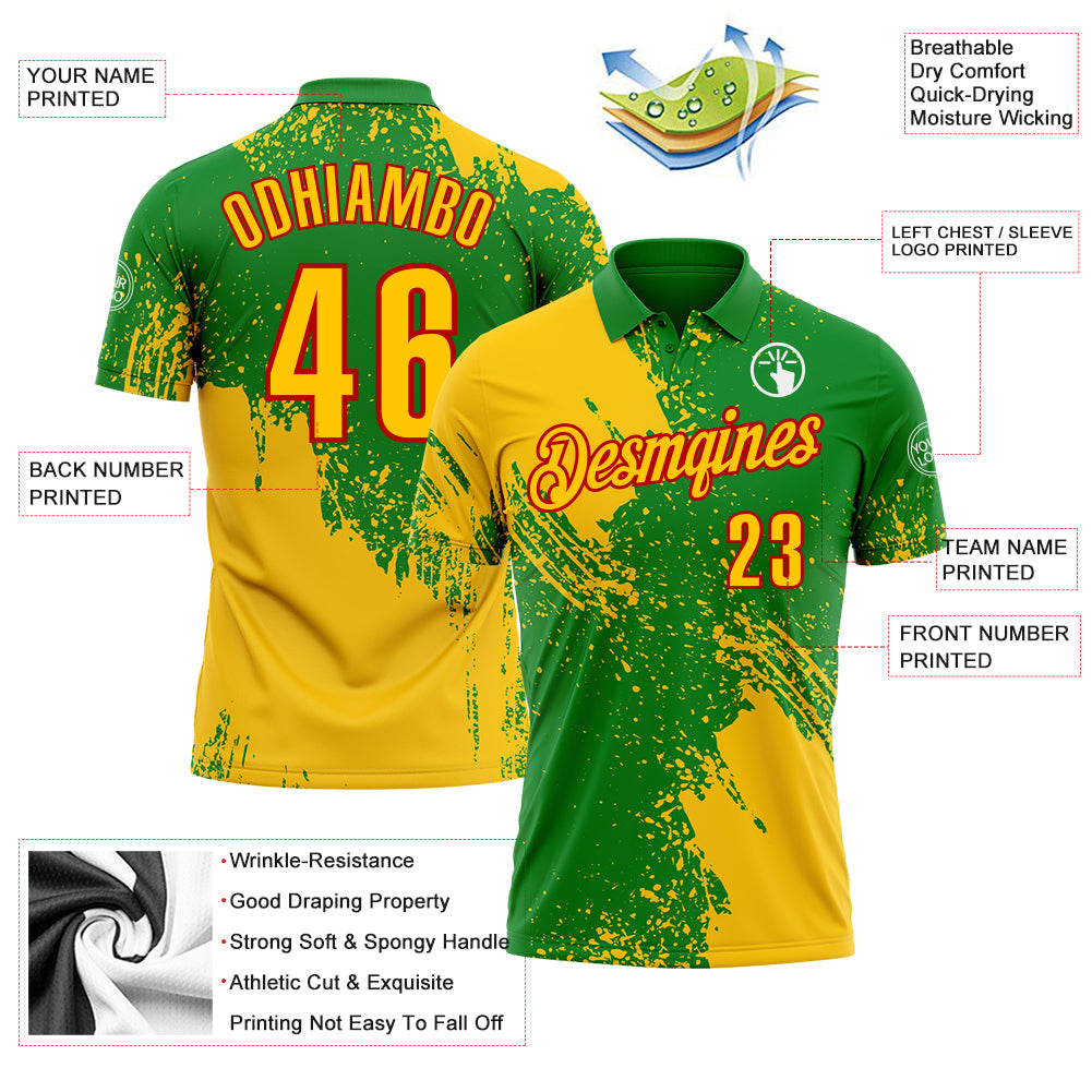 Custom Yellow Grass Green-White 3D Pattern Design Abstract Brush Stroke Performance Polo Shirt view 3