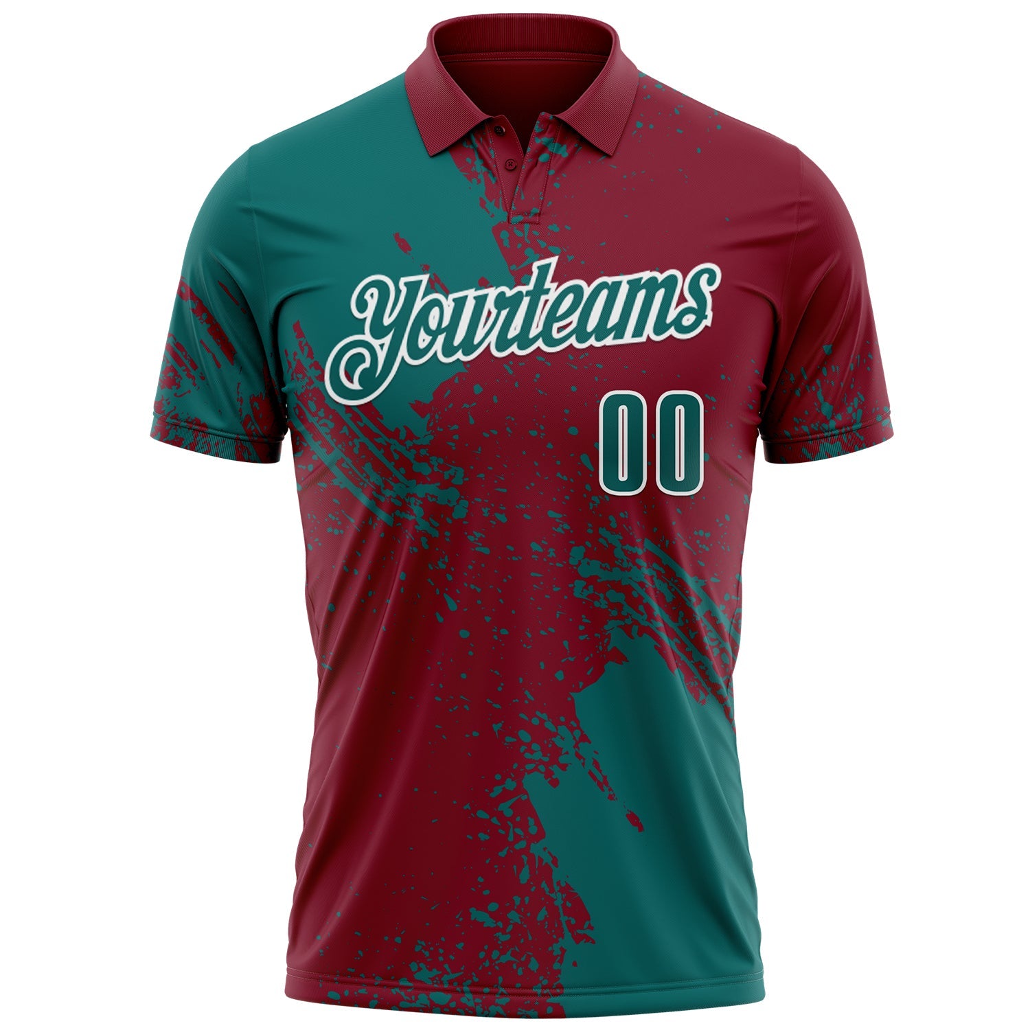 Custom Teal Crimson-White 3D Pattern Design Abstract Brush Stroke Performance Polo Shirt view 2
