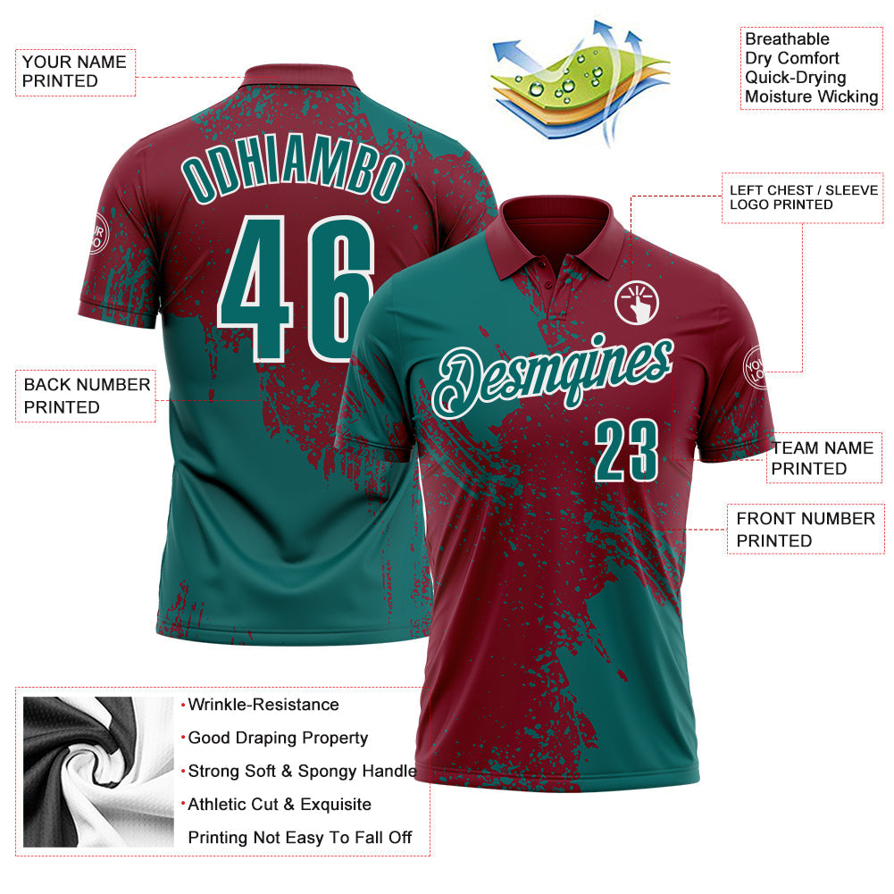 Custom Teal Crimson-White 3D Pattern Design Abstract Brush Stroke Performance Polo Shirt view 3