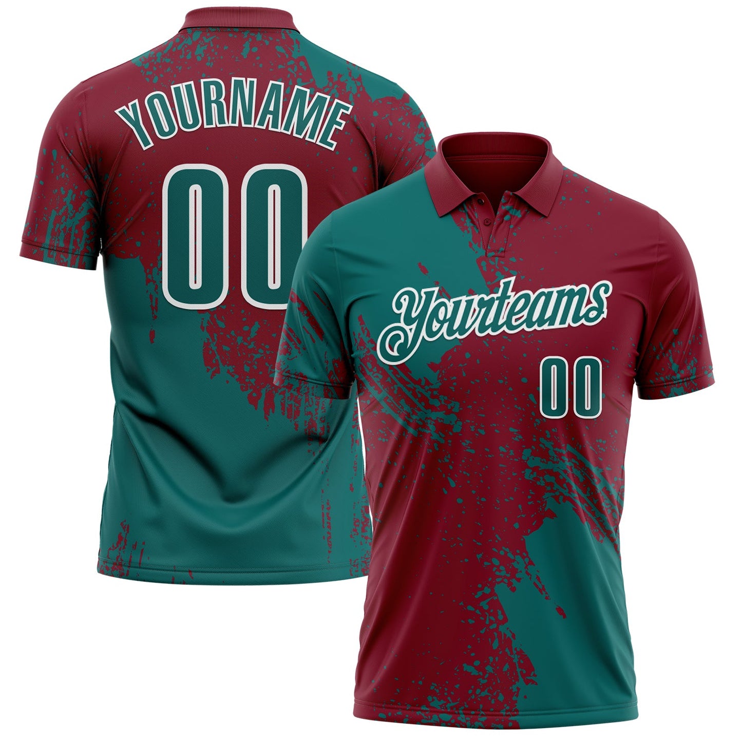 Custom Teal Crimson-White 3D Pattern Design Abstract Brush Stroke Performance Polo Shirt - Main View