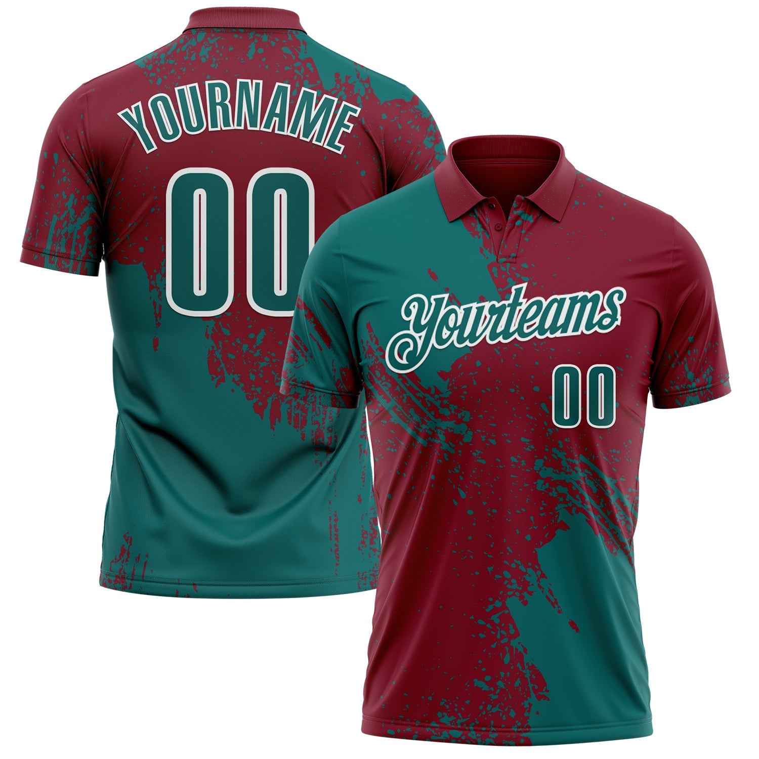 Custom Teal Crimson-White 3D Pattern Design Abstract Brush Stroke Performance Polo Shirt - Main View