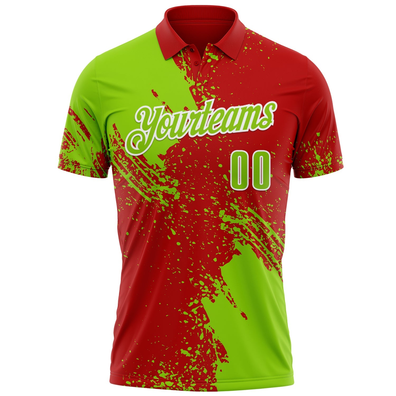 Custom Neon Green Red-White 3D Pattern Design Abstract Brush Stroke Performance Polo Shirt view 2