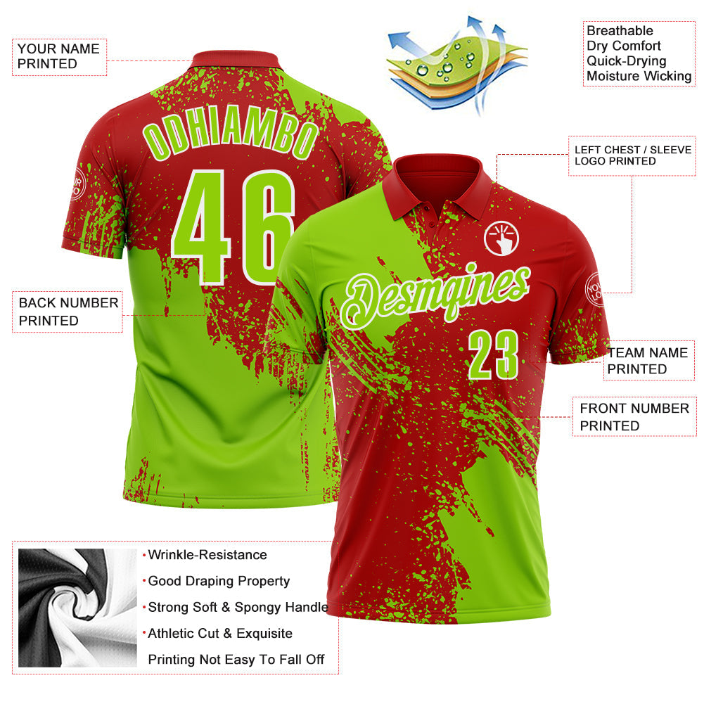 Custom Neon Green Red-White 3D Pattern Design Abstract Brush Stroke Performance Polo Shirt view 3