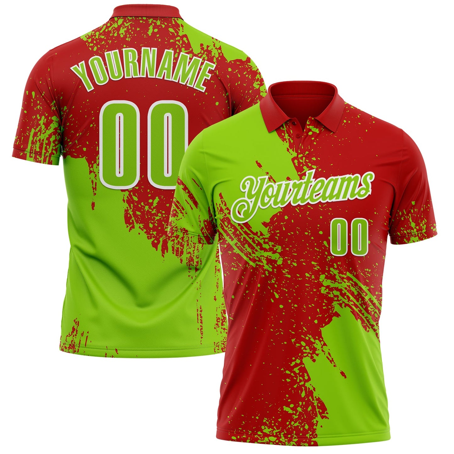 Custom Neon Green Red-White 3D Pattern Design Abstract Brush Stroke Performance Polo Shirt - Main View