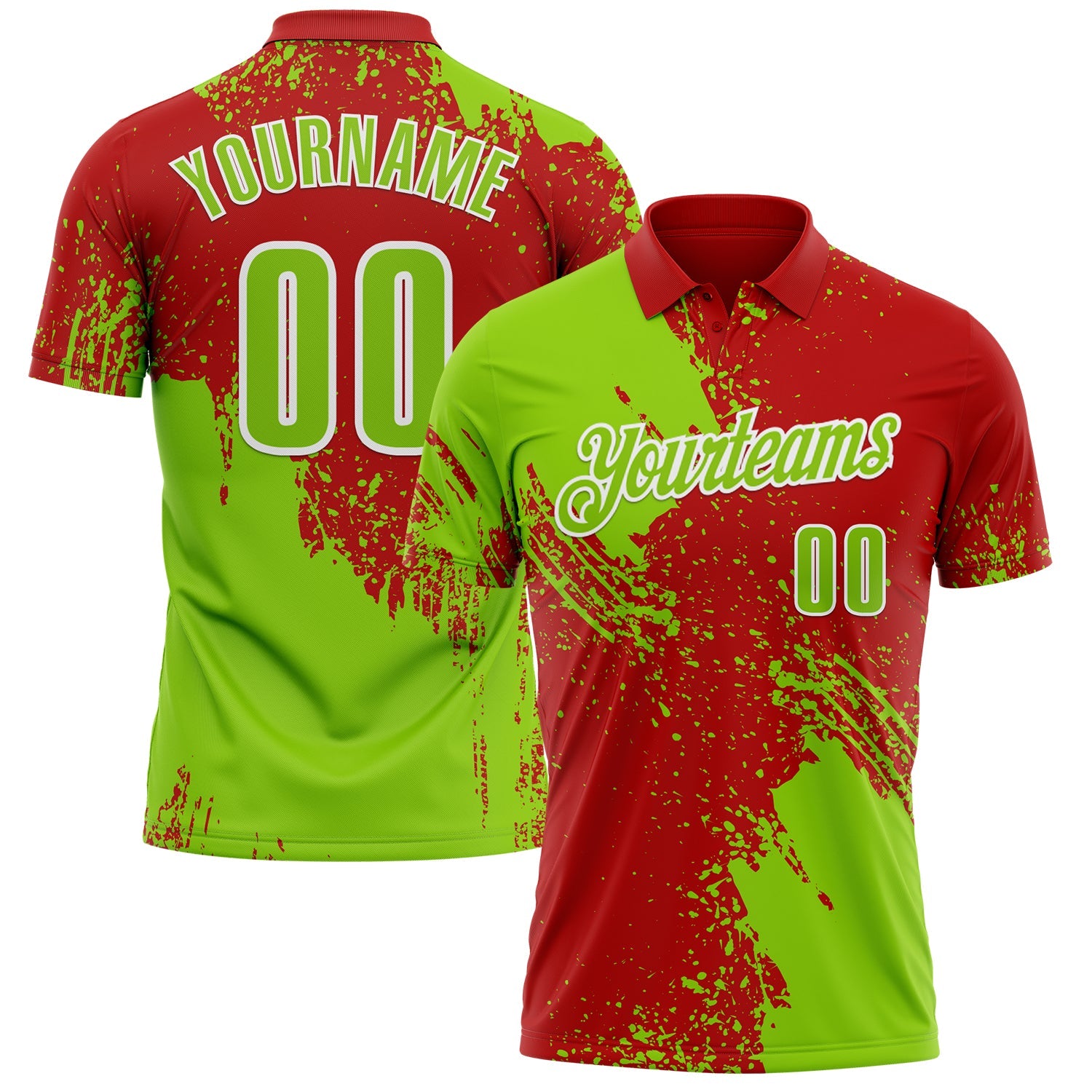 Custom Neon Green Red-White 3D Pattern Design Abstract Brush Stroke Performance Polo Shirt - Main View