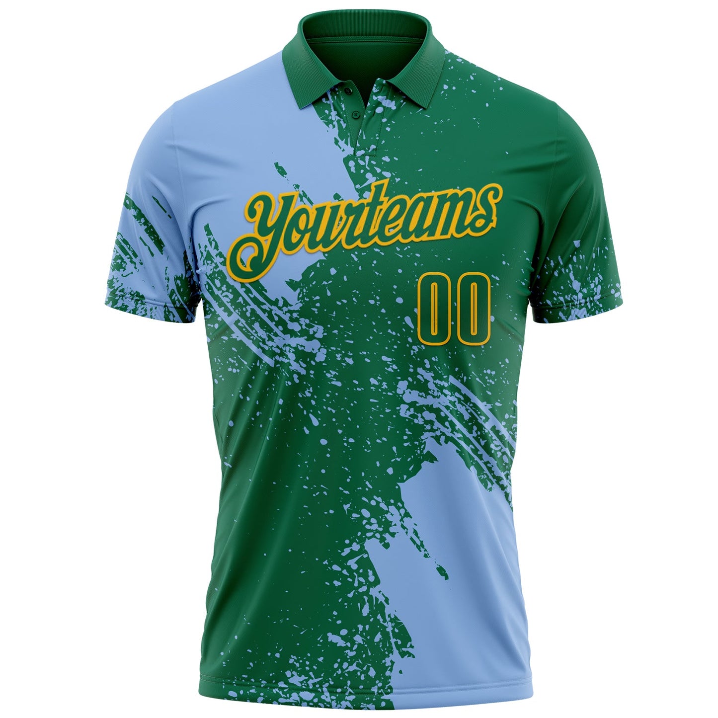 Custom Light Blue Kelly Green-Gold 3D Pattern Design Abstract Brush Stroke Performance Polo Shirt view 2
