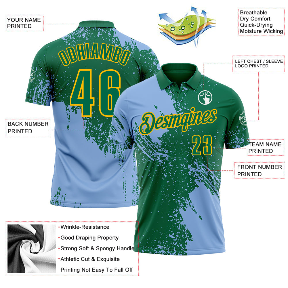 Custom Light Blue Kelly Green-Gold 3D Pattern Design Abstract Brush Stroke Performance Polo Shirt view 3