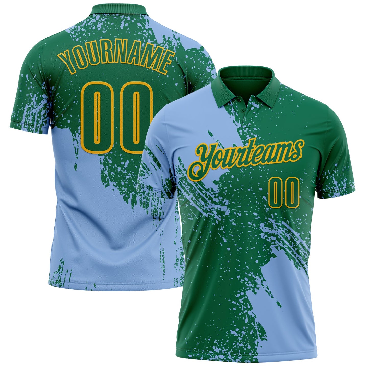 Custom Light Blue Kelly Green-Gold 3D Pattern Design Abstract Brush Stroke Performance Polo Shirt - Main View