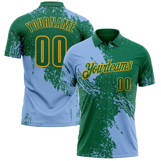 Custom Light Blue Kelly Green-Gold 3D Pattern Design Abstract Brush Stroke Performance Polo Shirt - Main View