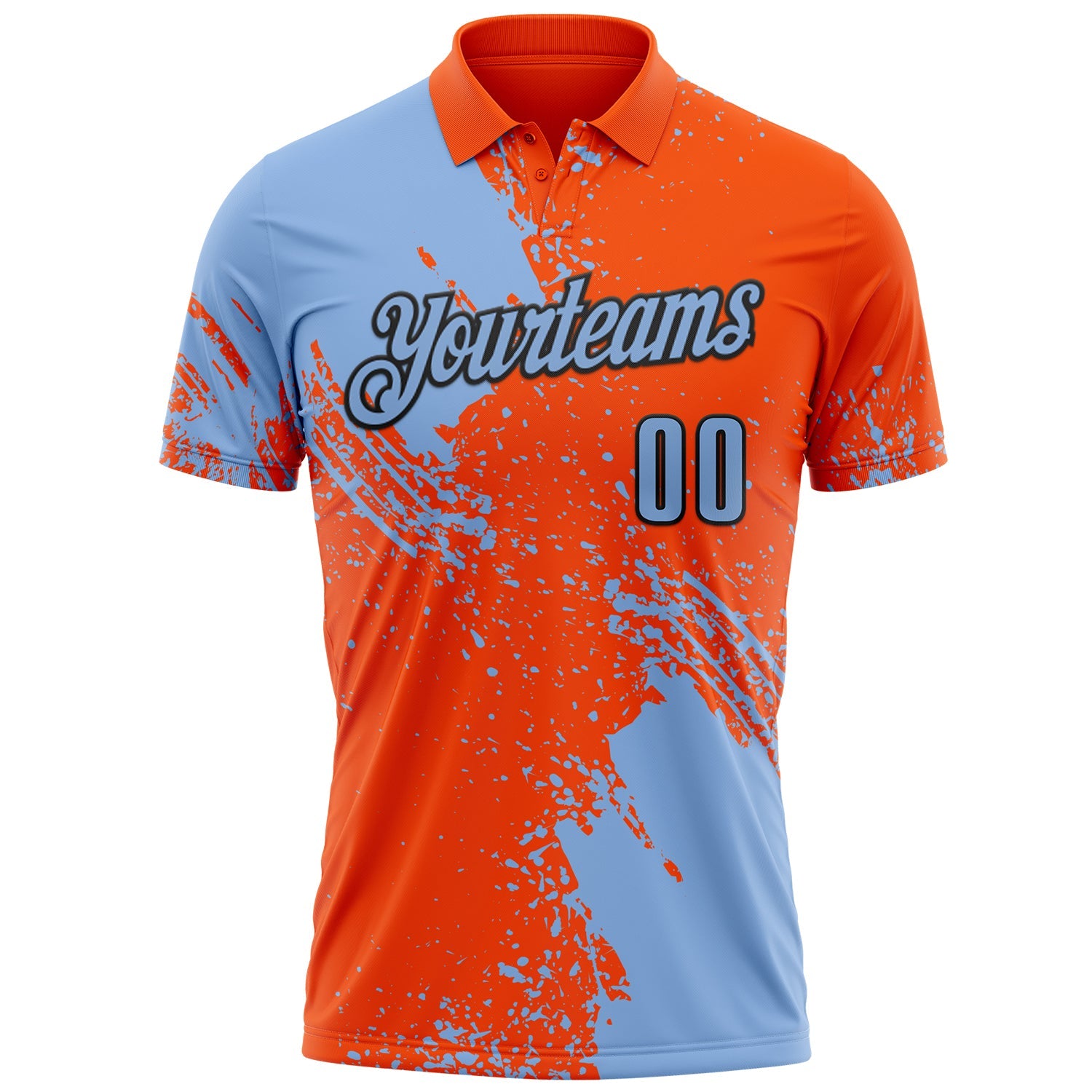 Custom Light Blue Orange-Black 3D Pattern Design Abstract Brush Stroke Performance Polo Shirt view 2