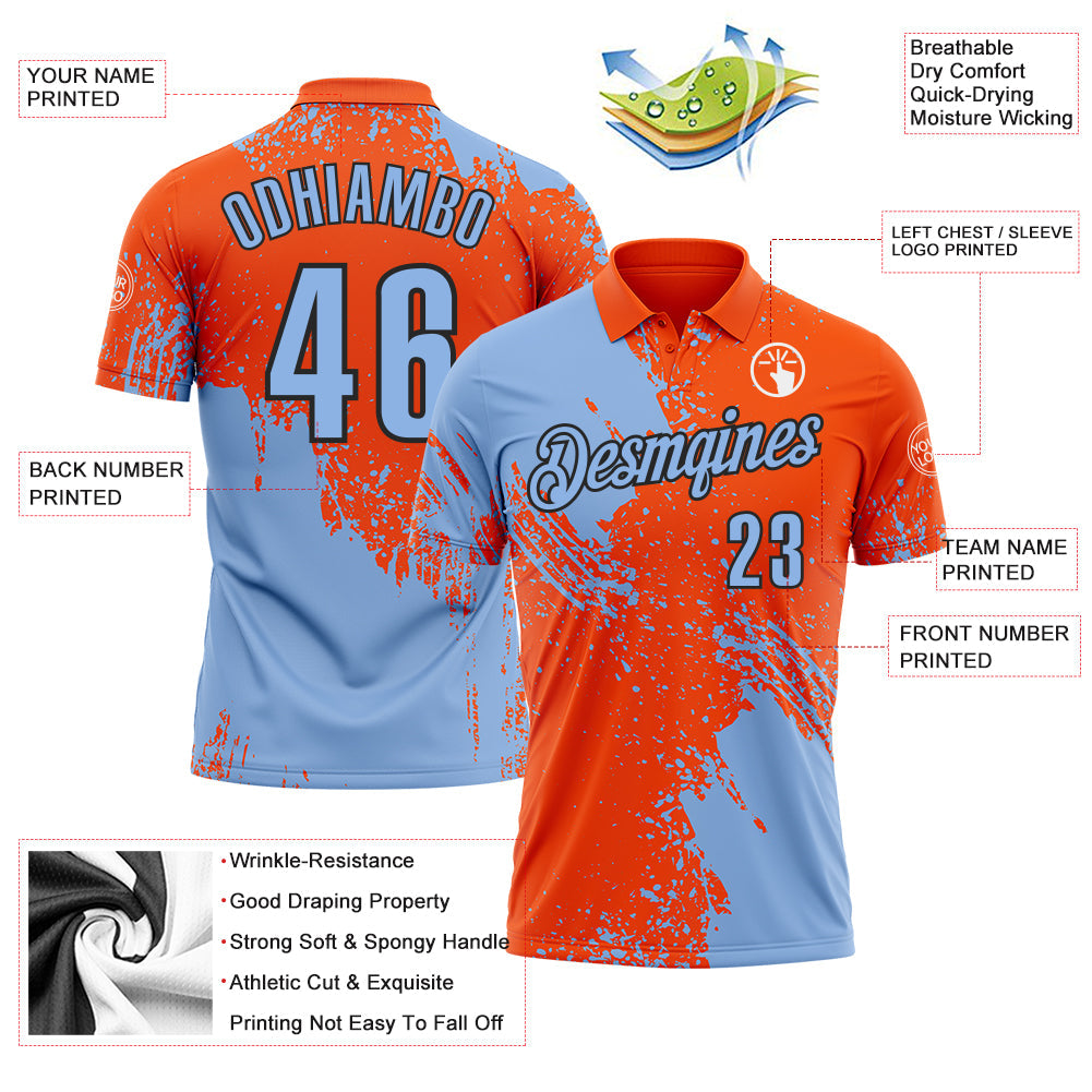Custom Light Blue Orange-Black 3D Pattern Design Abstract Brush Stroke Performance Polo Shirt view 3