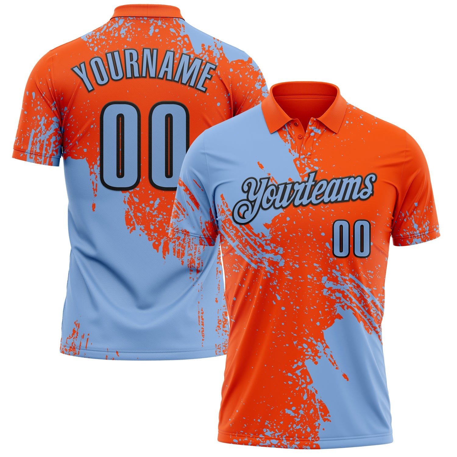 Custom Light Blue Orange-Black 3D Pattern Design Abstract Brush Stroke Performance Polo Shirt - Main View