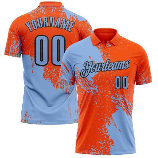 Custom Light Blue Orange-Black 3D Pattern Design Abstract Brush Stroke Performance Polo Shirt - Main View