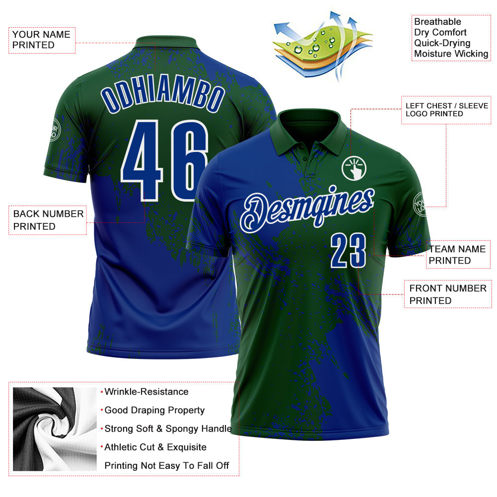 Custom Royal Green-White 3D Pattern Design Abstract Brush Stroke Performance Polo Shirt view 3
