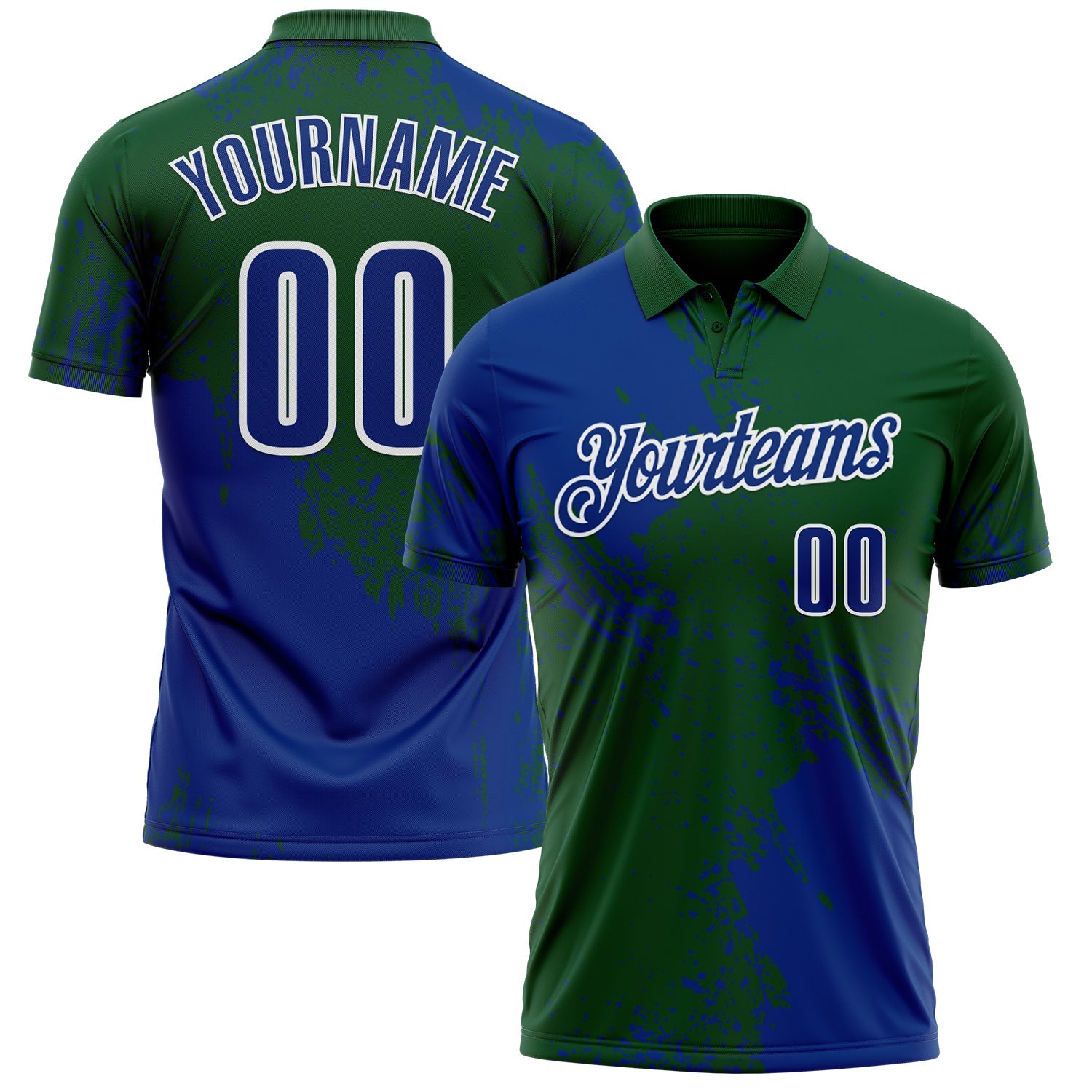 Custom Royal Green-White 3D Pattern Design Abstract Brush Stroke Performance Polo Shirt - Main View