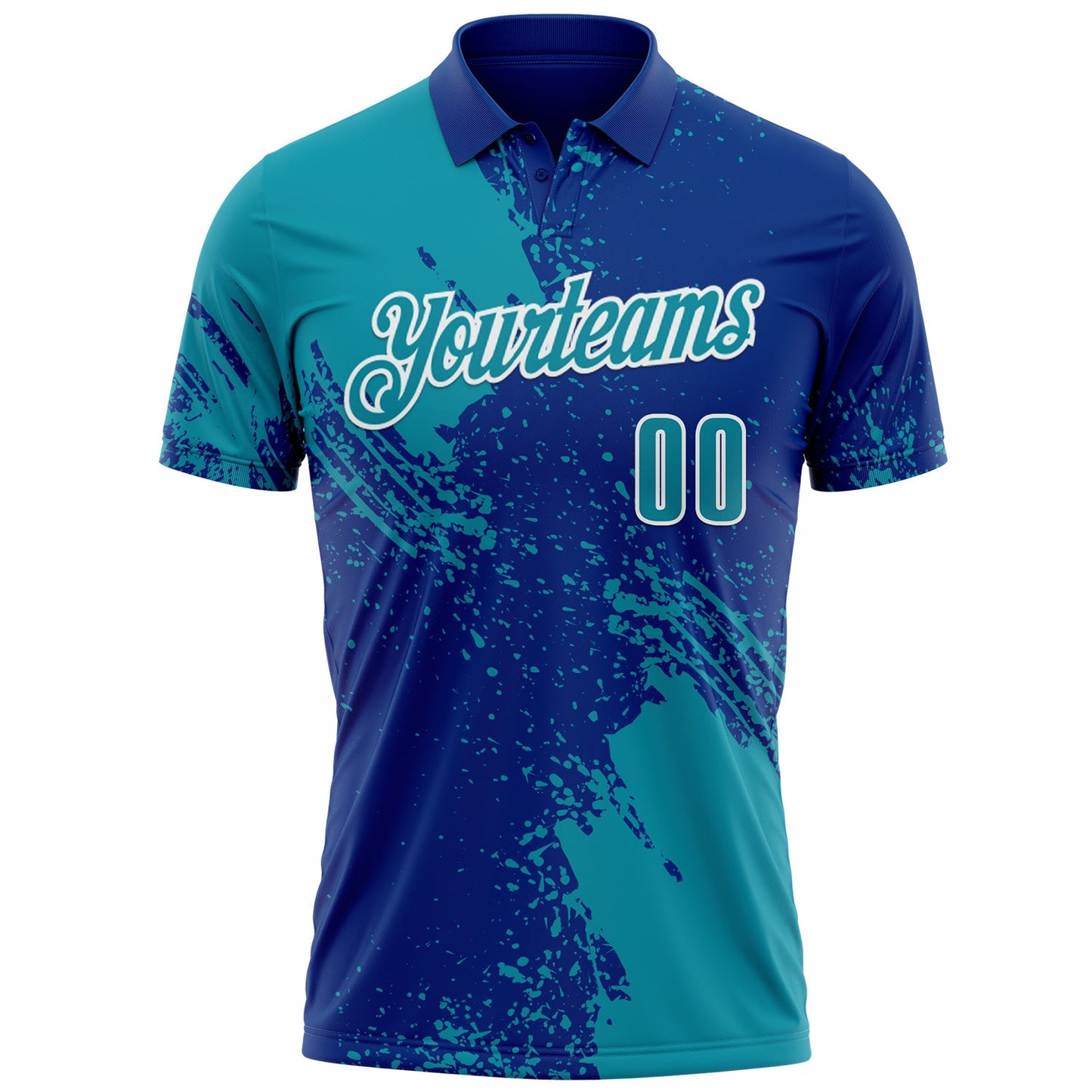 Custom Teal Royal-White 3D Pattern Design Abstract Brush Stroke Performance Polo Shirt view 2