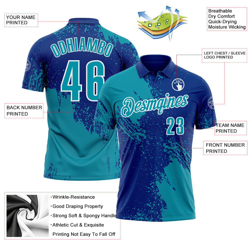 Custom Teal Royal-White 3D Pattern Design Abstract Brush Stroke Performance Polo Shirt view 3