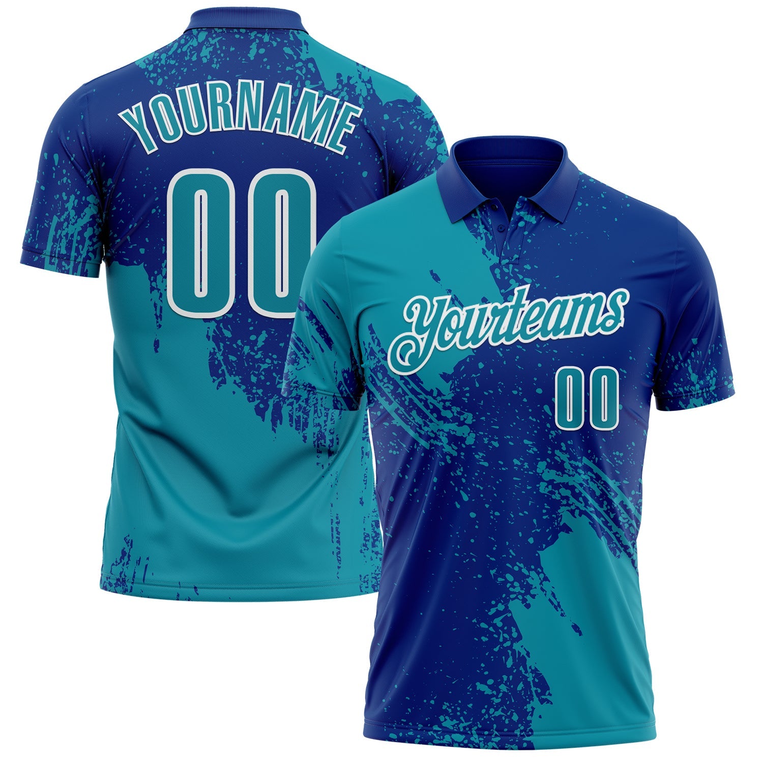 Custom Teal Royal-White 3D Pattern Design Abstract Brush Stroke Performance Polo Shirt - Main View
