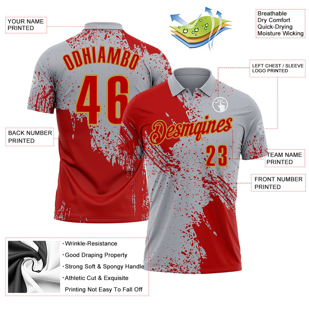 Custom Red Gray-Old Gold 3D Pattern Design Abstract Brush Stroke Performance Polo Shirt view 3