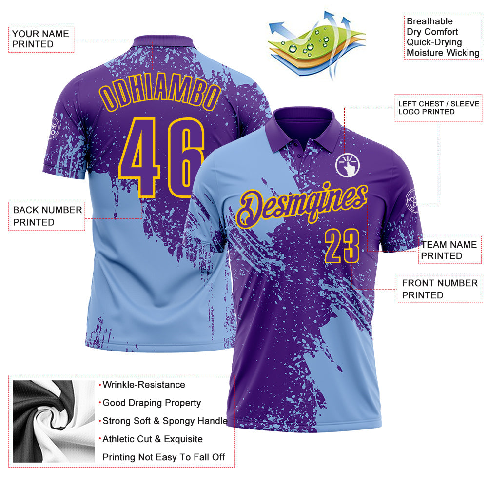 Custom Light Blue Purple-Yellow 3D Pattern Design Abstract Brush Stroke Performance Polo Shirt view 3