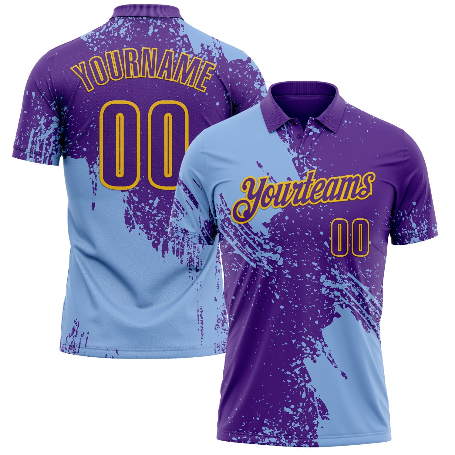 Custom Light Blue Purple-Yellow 3D Pattern Design Abstract Brush Stroke Performance Polo Shirt - Main View