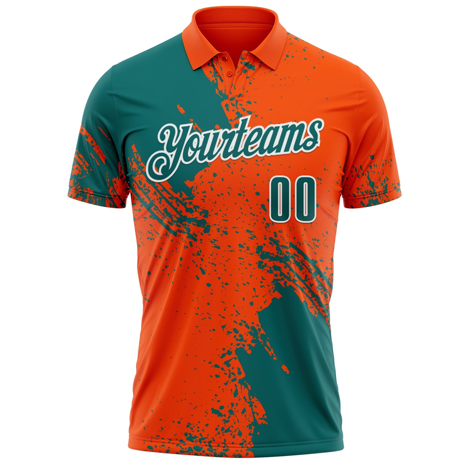 Custom Teal Orange-White 3D Pattern Design Abstract Brush Stroke Performance Polo Shirt view 2