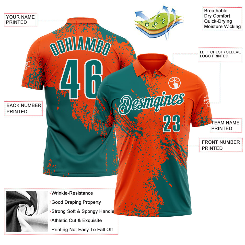 Custom Teal Orange-White 3D Pattern Design Abstract Brush Stroke Performance Polo Shirt view 3