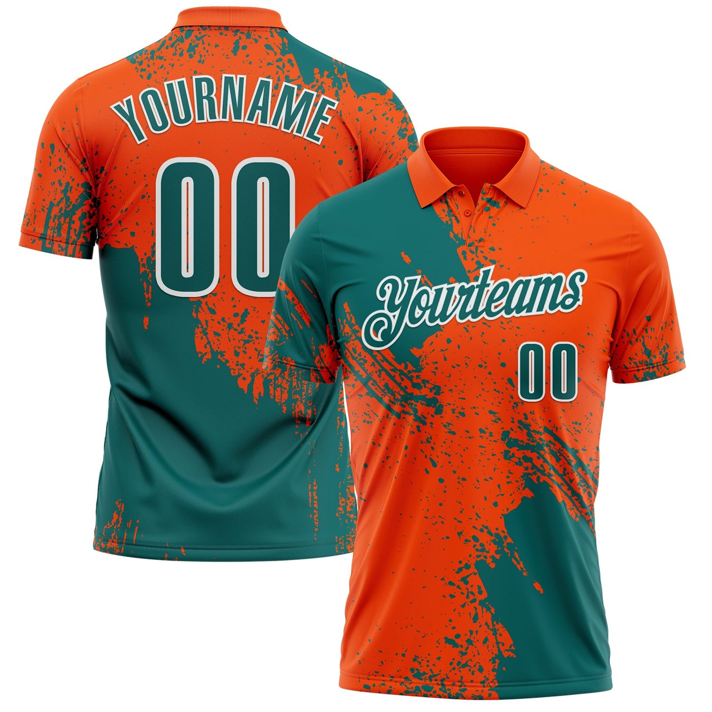Custom Teal Orange-White 3D Pattern Design Abstract Brush Stroke Performance Polo Shirt - Main View