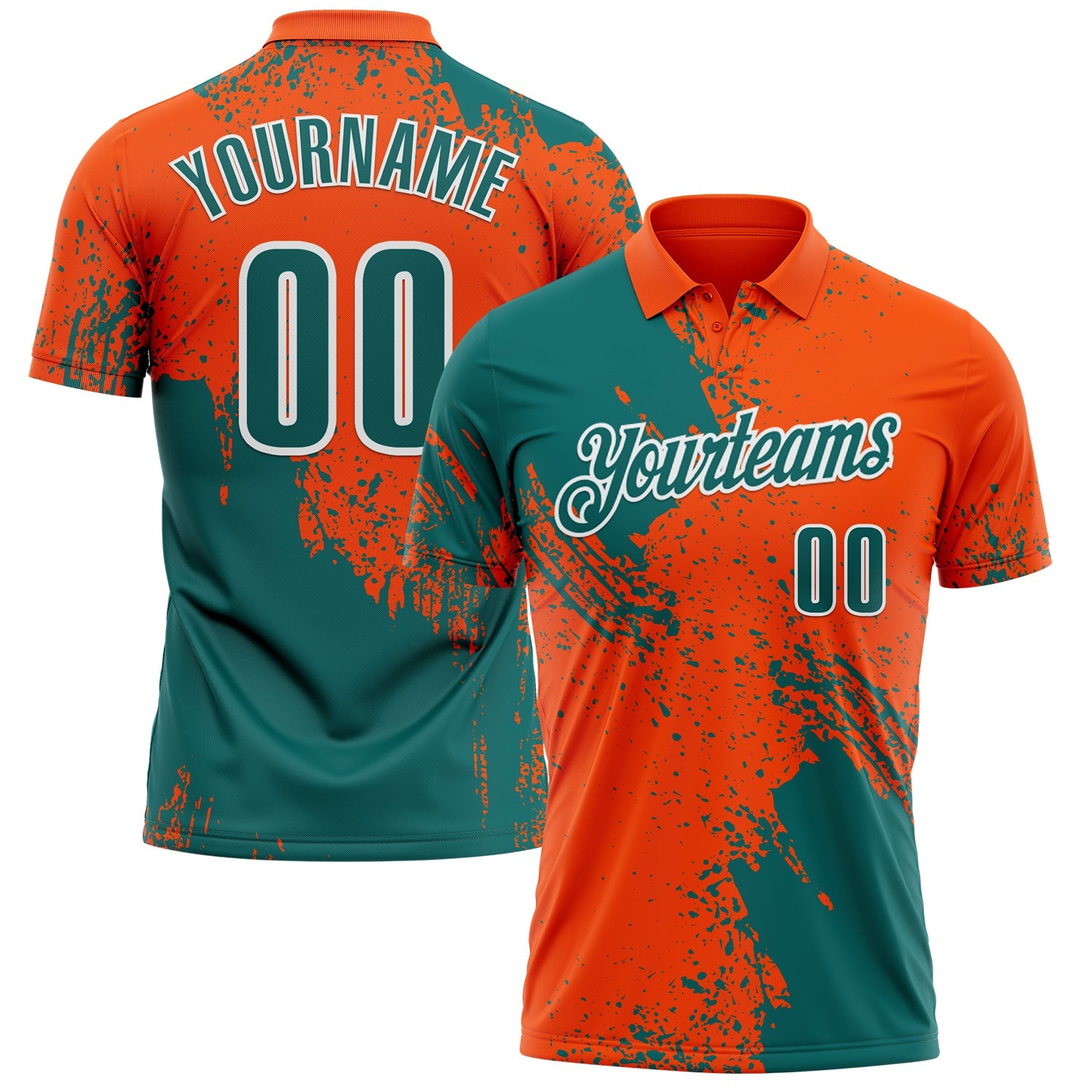 Custom Teal Orange-White 3D Pattern Design Abstract Brush Stroke Performance Polo Shirt - Main View
