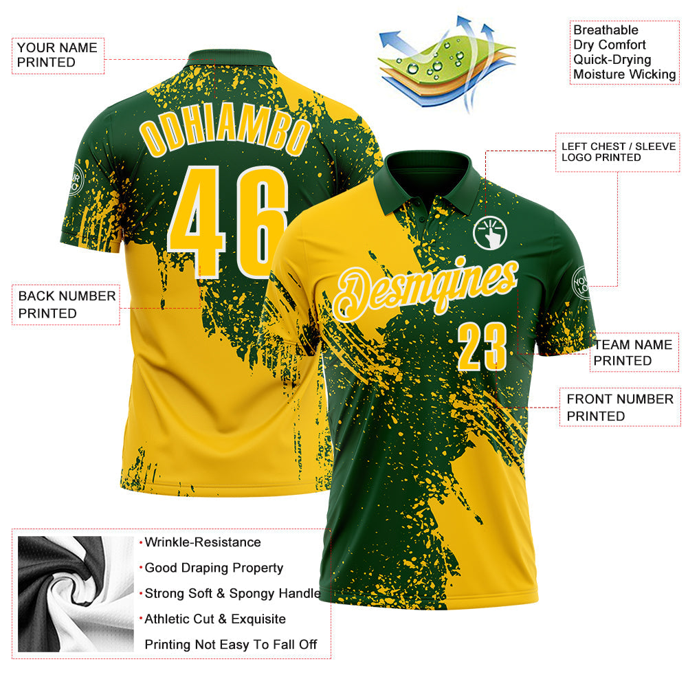 Custom Yellow Green-White 3D Pattern Design Abstract Brush Stroke Performance Polo Shirt view 3