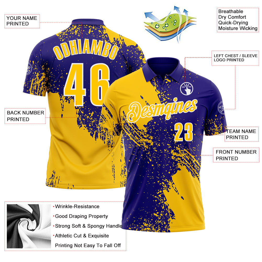 Custom Yellow Dark Purple-White 3D Pattern Design Abstract Brush Stroke Performance Polo Shirt view 3
