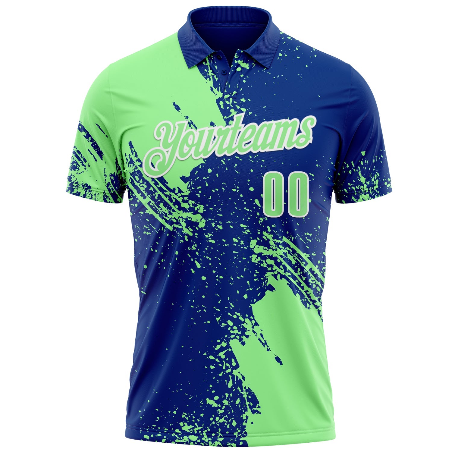 Custom Pea Green Royal-White 3D Pattern Design Abstract Brush Stroke Performance Polo Shirt view 2