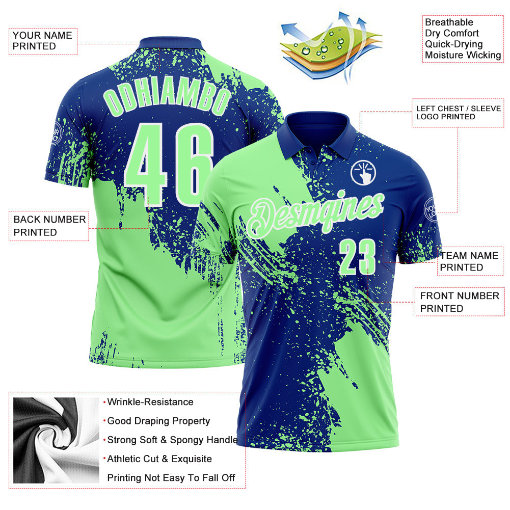 Custom Pea Green Royal-White 3D Pattern Design Abstract Brush Stroke Performance Polo Shirt view 3