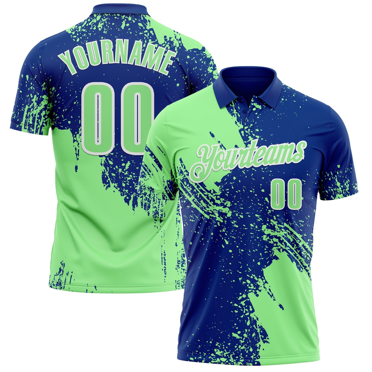 Custom Pea Green Royal-White 3D Pattern Design Abstract Brush Stroke Performance Polo Shirt - Main View