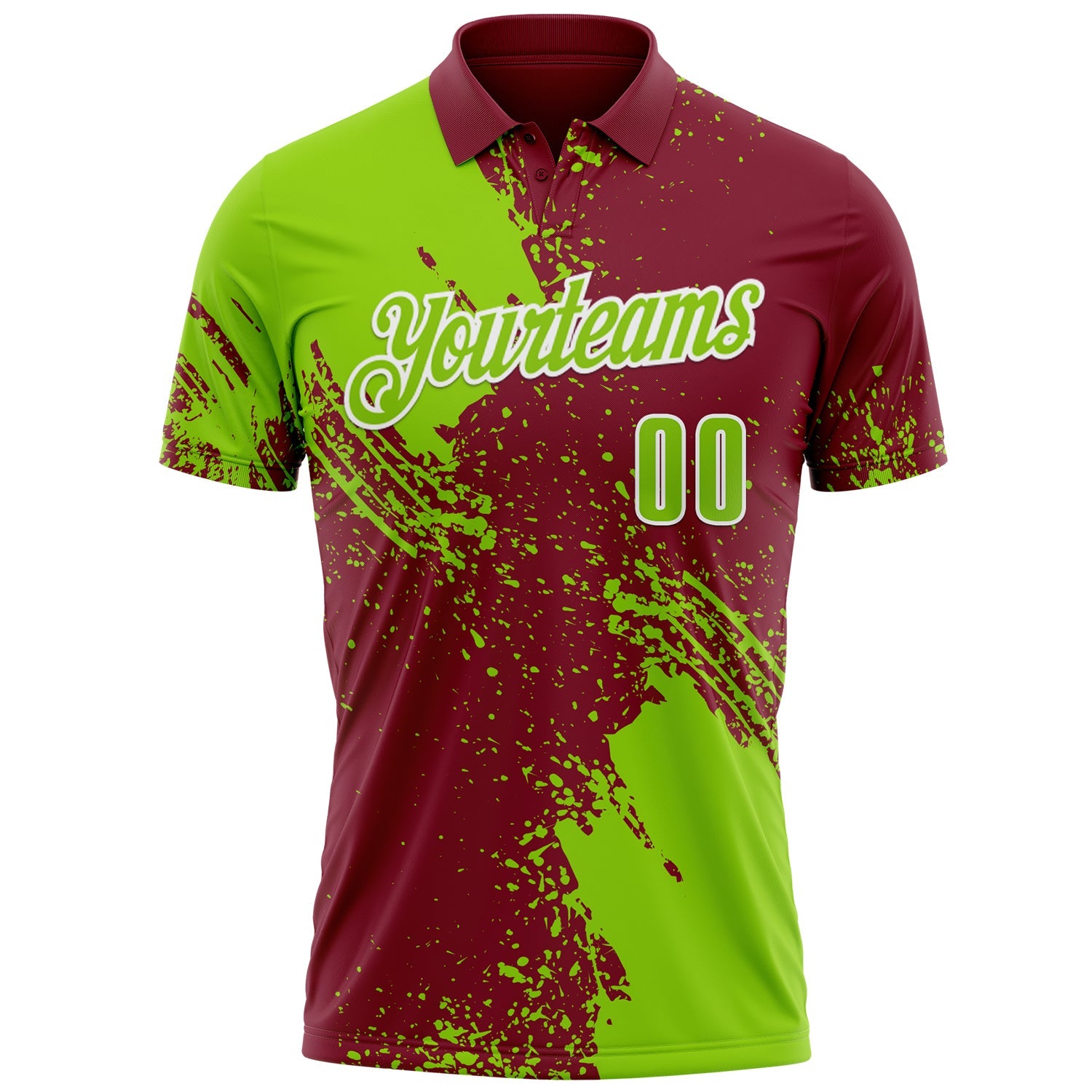 Custom Neon Green Crimson-White 3D Pattern Design Abstract Brush Stroke Performance Polo Shirt view 2