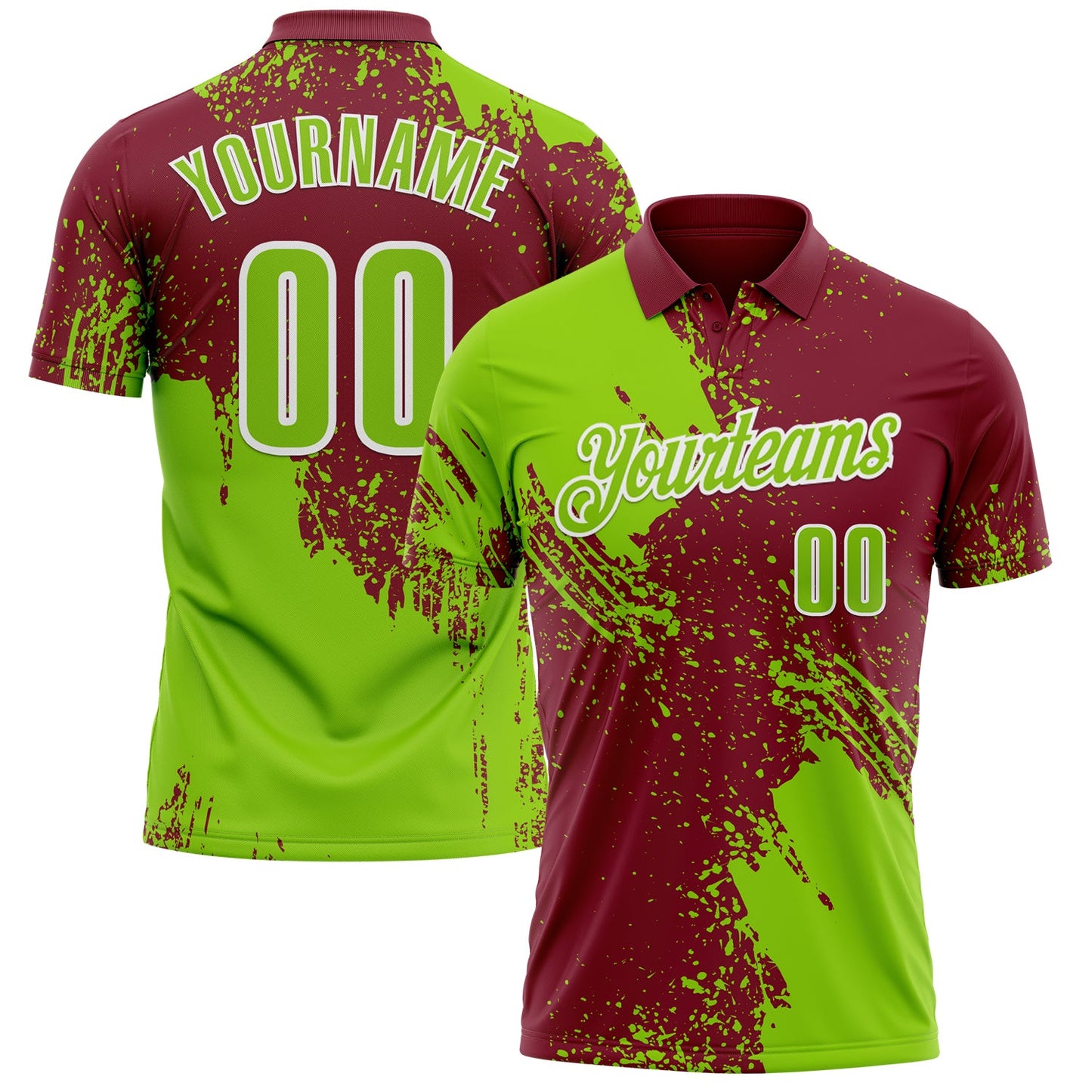 Custom Neon Green Crimson-White 3D Pattern Design Abstract Brush Stroke Performance Polo Shirt - Main View