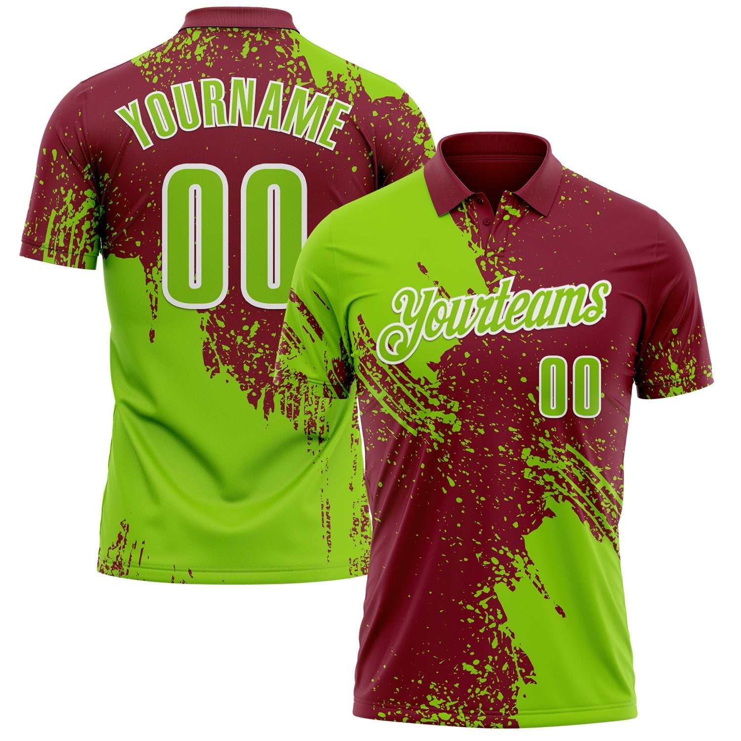 Custom Neon Green Crimson-White 3D Pattern Design Abstract Brush Stroke Performance Polo Shirt - Main View