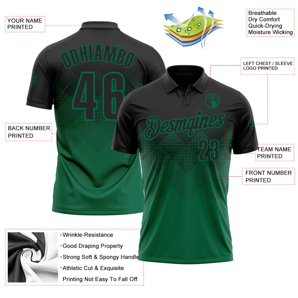 Custom Black Kelly Green 3D Gradient Square Shape Performance Polo Shirt view 3