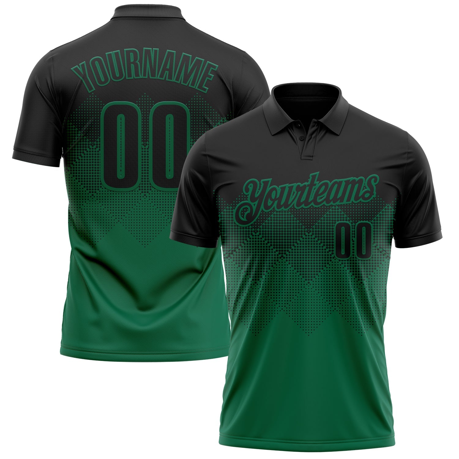 Custom Black Kelly Green 3D Gradient Square Shape Performance Polo Shirt - Main View