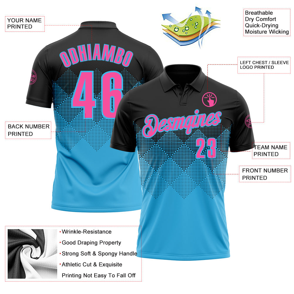 Custom Black Pink-Sky Blue 3D Gradient Square Shape Performance Polo Shirt view 3