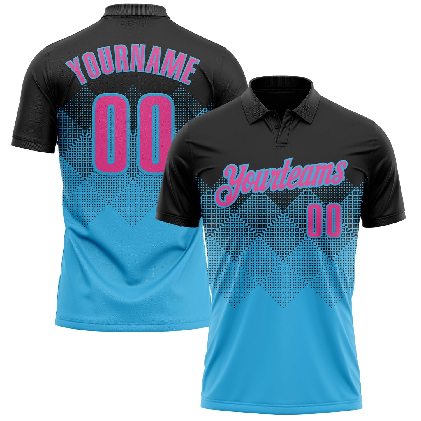 Custom Black Pink-Sky Blue 3D Gradient Square Shape Performance Polo Shirt - Main View