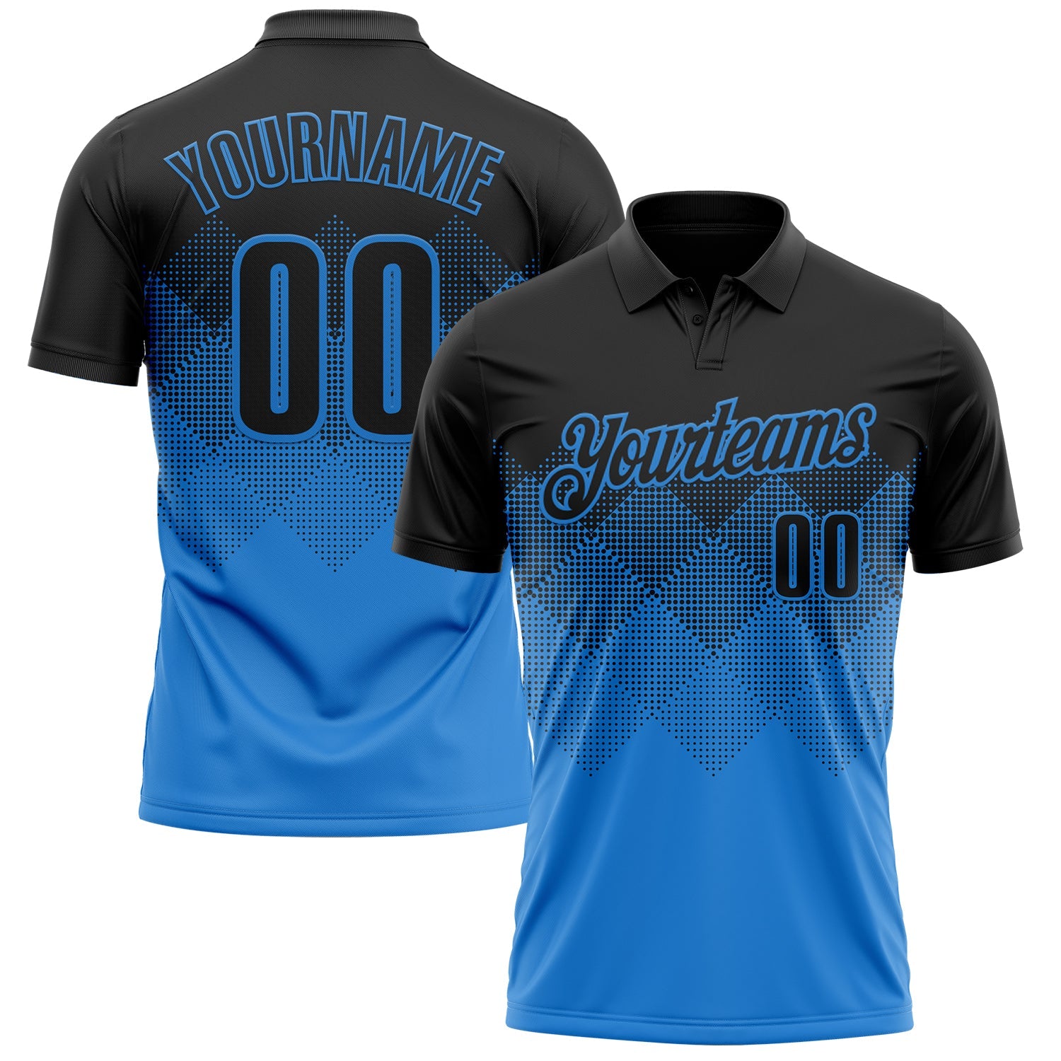 Custom Black Powder Blue 3D Gradient Square Shape Performance Polo Shirt - Main View