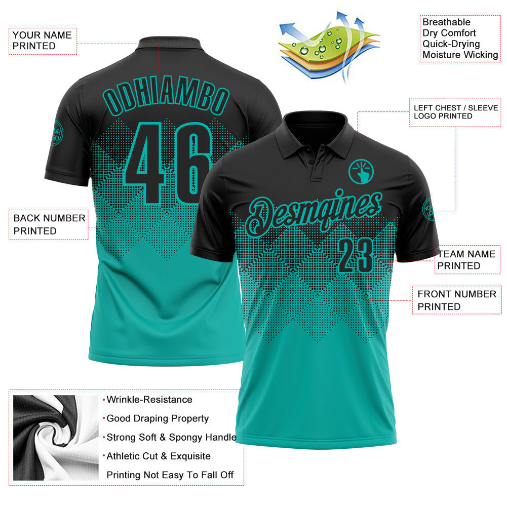Custom Black Aqua 3D Gradient Square Shape Performance Polo Shirt view 3