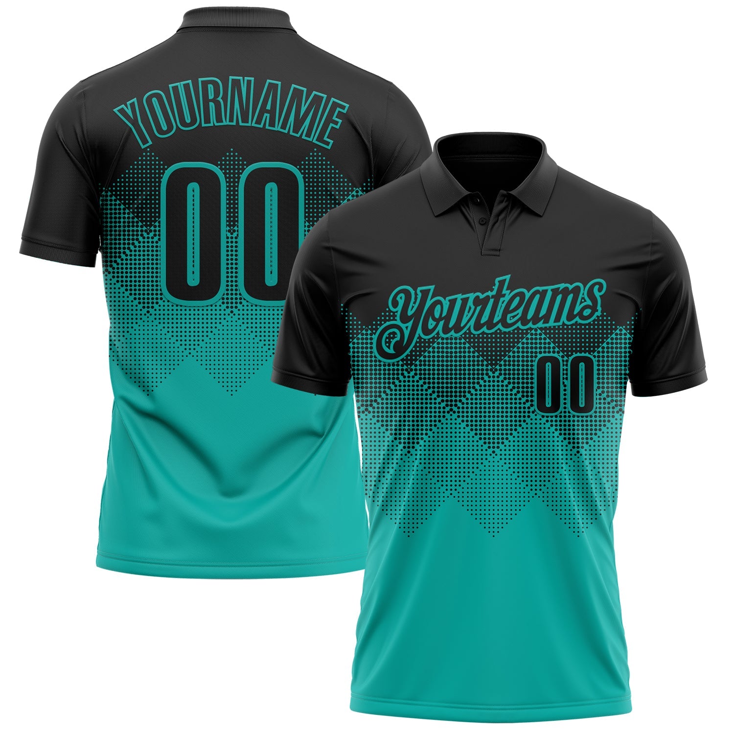 Custom Black Aqua 3D Gradient Square Shape Performance Polo Shirt - Main View