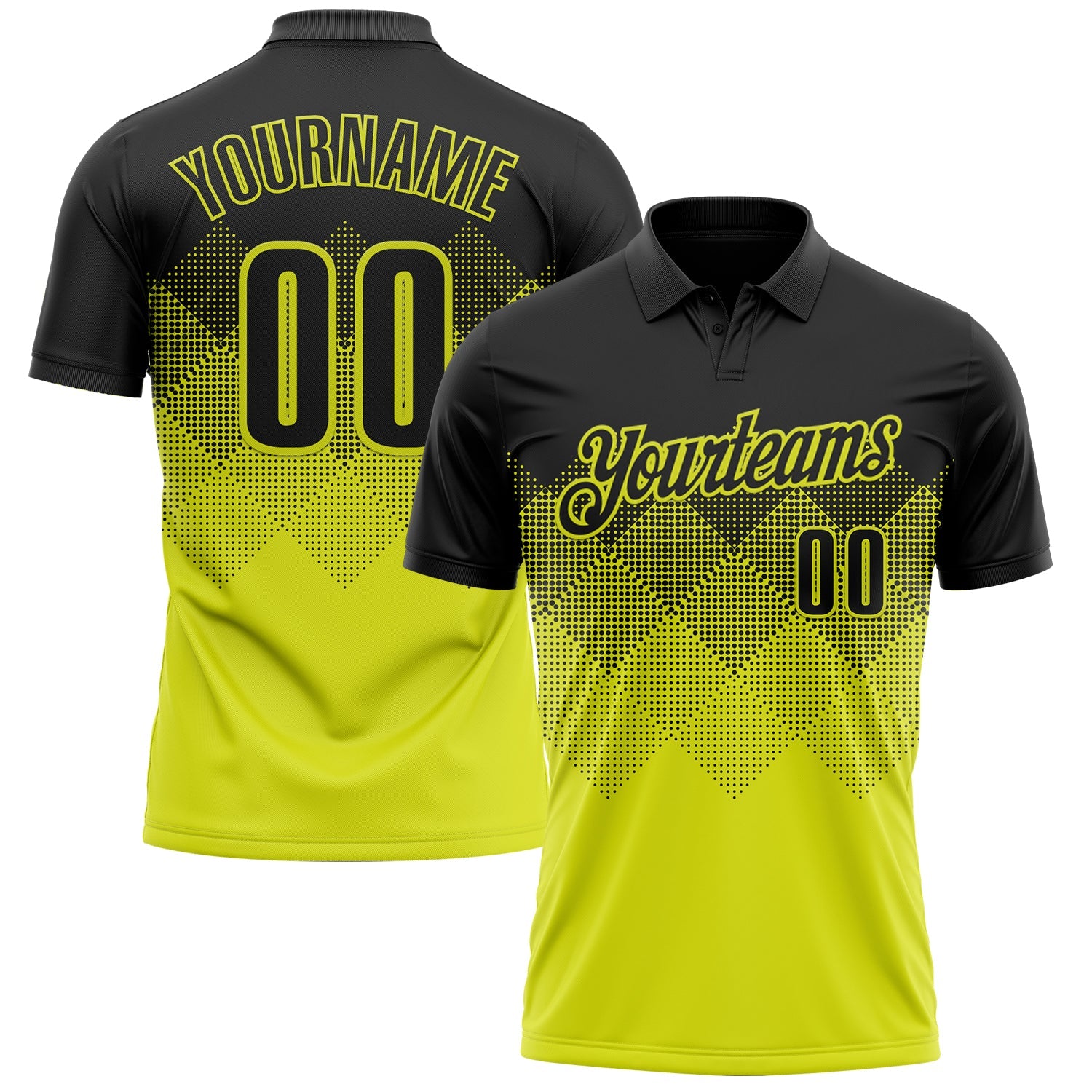 Custom Black Neon Yellow 3D Gradient Square Shape Performance Polo Shirt - Main View