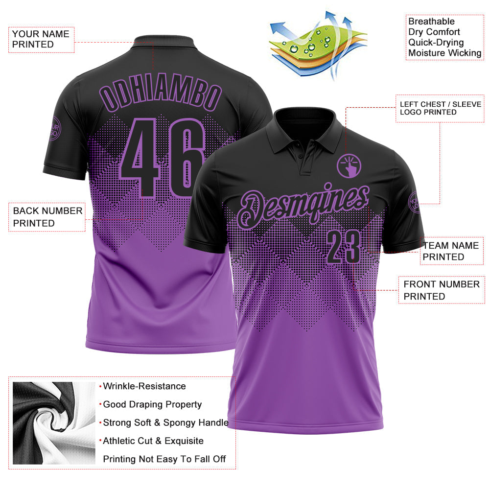 Custom Black Medium Purple 3D Gradient Square Shape Performance Polo Shirt view 3