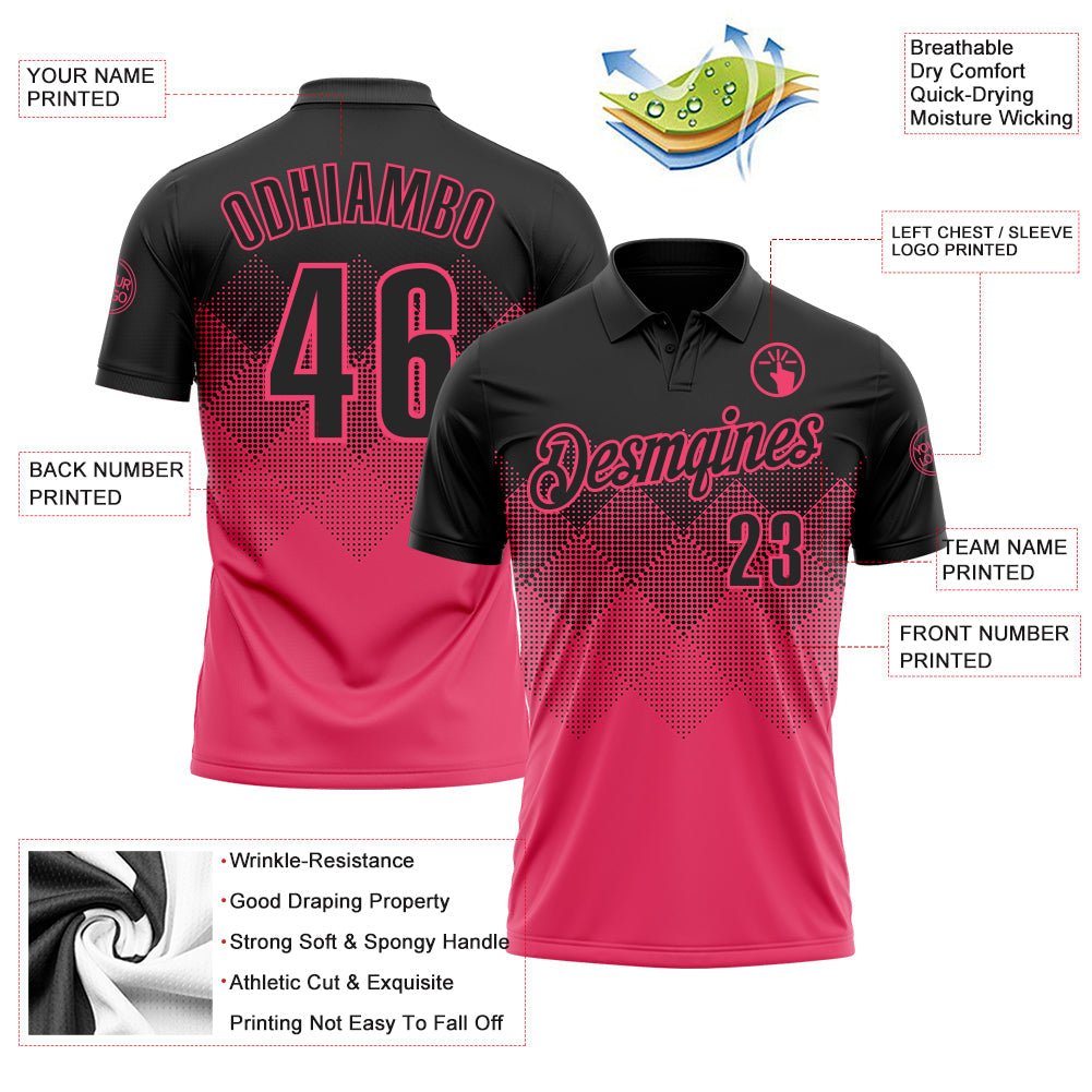Custom Black Neon Pink 3D Gradient Square Shape Performance Polo Shirt view 3