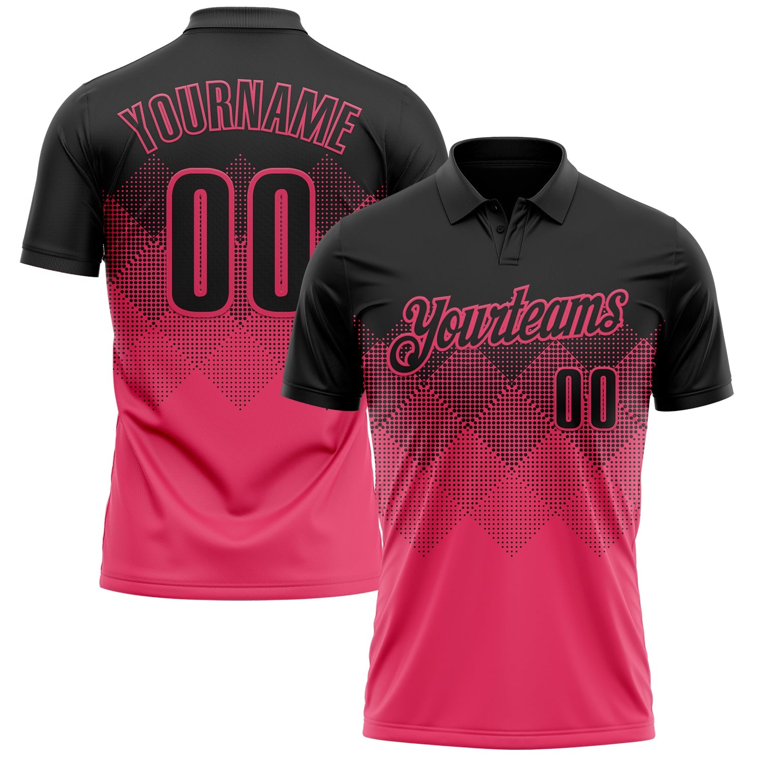 Custom Black Neon Pink 3D Gradient Square Shape Performance Polo Shirt - Main View